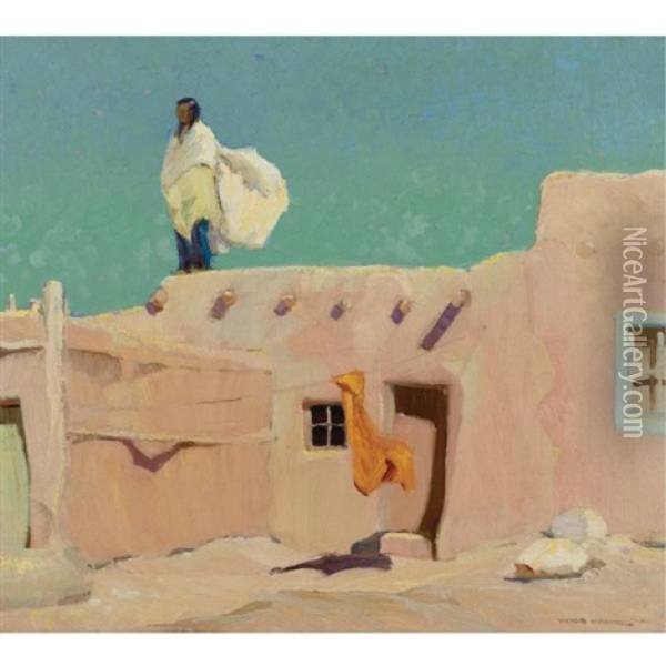 Summer Day, Taos Pueblo (the Sentinel) Oil Painting - Victor William Higgins