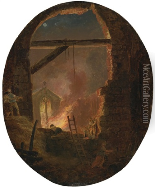 A Night-time Scene With Buildings Ablaze Oil Painting - Hubert Robert