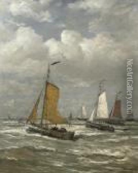 Het Uitvaren Der Scheveningsche Loggers: Setting Out To Sea Oil Painting - Hendrik Willem Mesdag