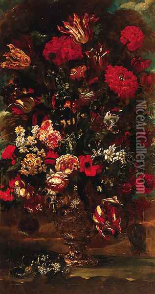 Flowers in a sculpted urn in a landscape Oil Painting - Andrea Scacciati