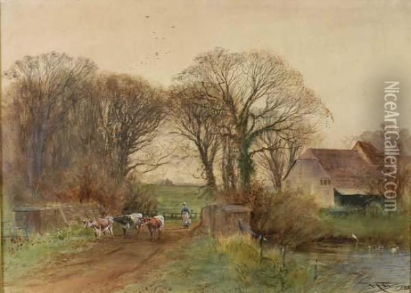 Lane Scene At Ford, Sussex With A Girl And Cattle Crossing A Bridge Oil Painting - Henry Charles Fox