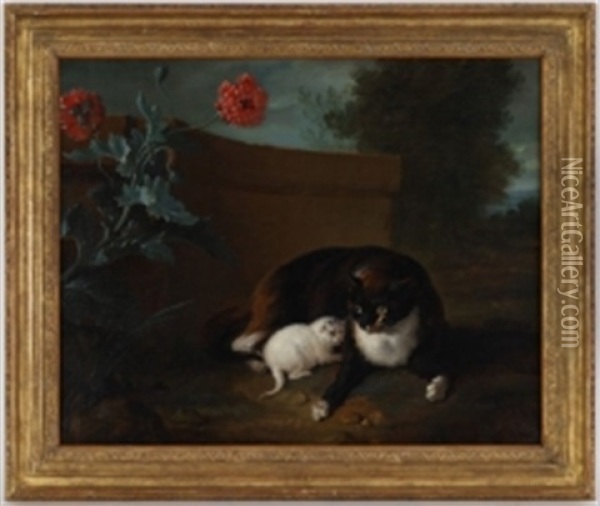 Chatte Et Chaton, Et Chien Et Perroquet (pair) (collab. W/studio) Oil Painting - Jean-Baptiste Oudry