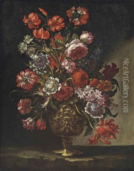 Roses, Parrot Tulips, Carnations, Lilies-of-the-valley And Other Flowers In A Sculpted Urn On A Ledge Oil Painting - Andrea Scacciati