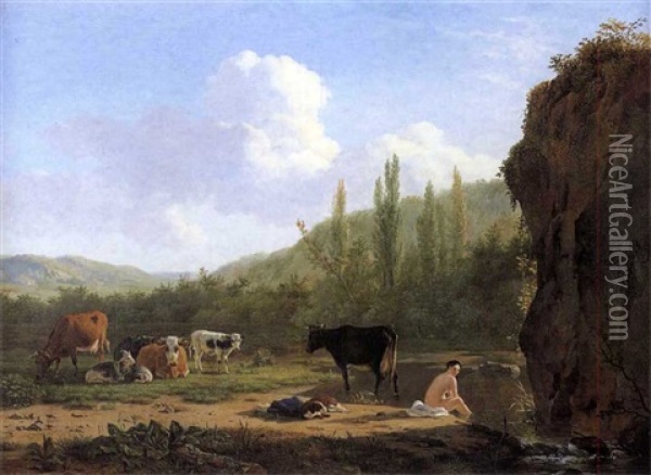 Baigneuses Et Son Troupeau Pres D'une Riviere Oil Painting - Jean-Baptiste de Jonghe