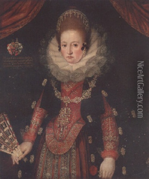 Portrait Of Maria Catharina De Ben, Three Quarter Length, In A Bejewelled Dress, Holding Fan And A Rose Oil Painting - Frans Pourbus the younger