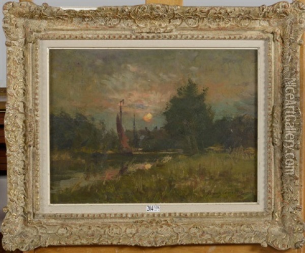 Voilier Sur Une Riviere Au Coucher Du Soleil Oil Painting - Franz Courtens