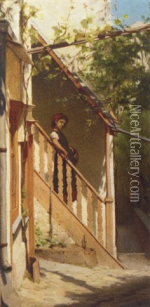 A Girl Posing On A Staircase Oil Painting - Frederik Hendrik Kaemmerer