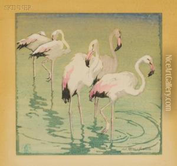 Flamingoes. Oil Painting - Helene Tupke-Grande