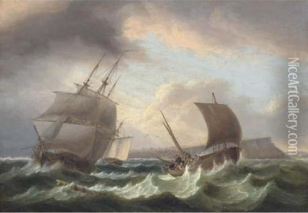 A Frigate Running Out To Sea, With A Cutter Astern Of Her And Afishing Boat Off To Port Oil Painting - Thomas Luny