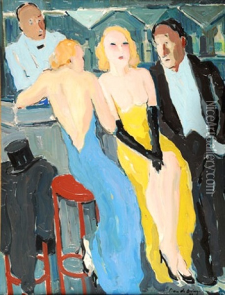 Elegante A La Coupole, Montparnasse Hscarton Oil Painting - Pierre De Belay