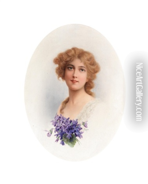 Portrait Of A Young Woman With Violets Oil Painting - Raimund (Ritter von Brennerstein) Wichera
