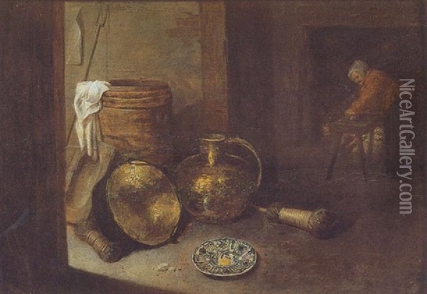 Cuisiniere Devant La Cheminee Dans Un Interieur Hollandais Oil Painting - Cornelis Saftleven