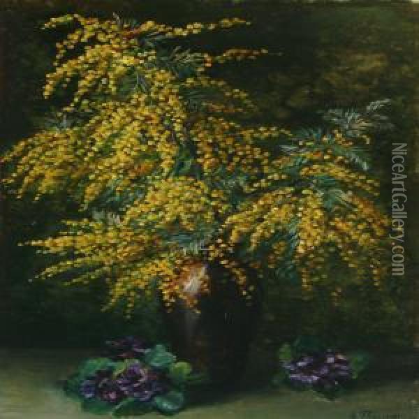 Still Life With Mimosasand Violets Oil Painting - Emmy Marie Caroline Thornam