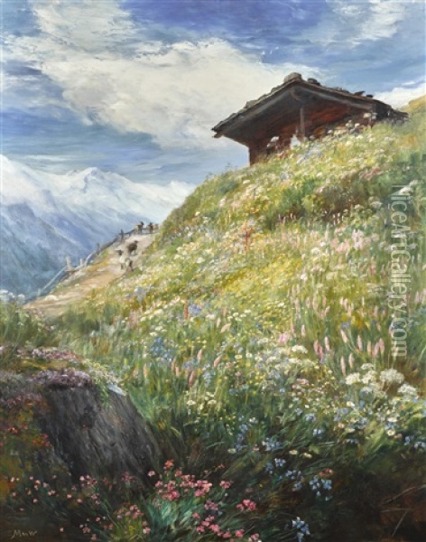 An Alpine Meadow, Switzerland Oil Painting - John MacWhirter