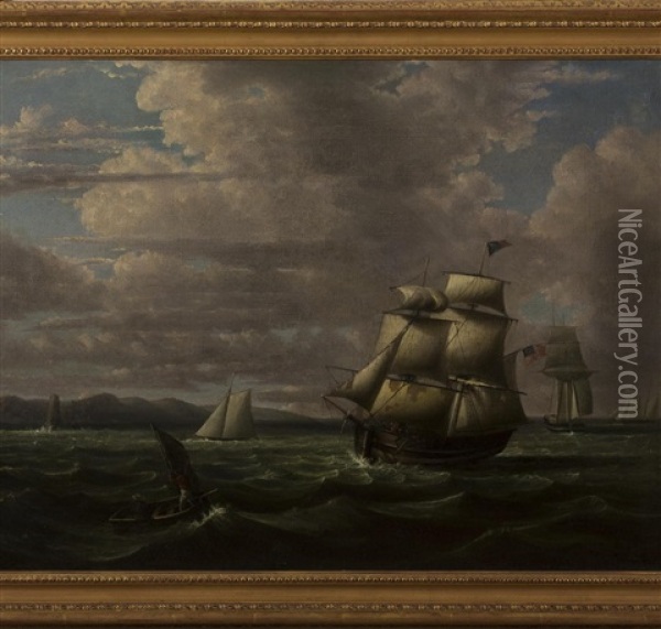 American Bark And Other Shipping Off A Coast Oil Painting - Thomas Birch