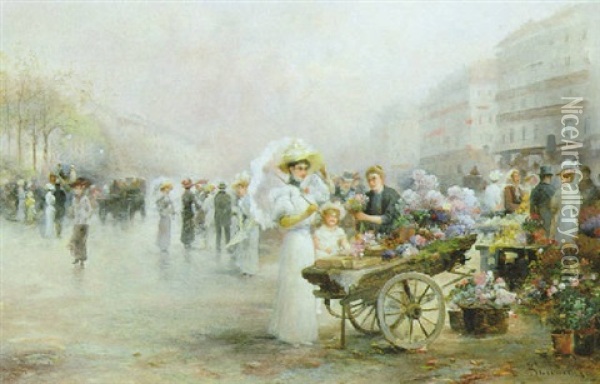 Blumenmarkt (naschmarkt?) Oil Painting - Emil Barbarini