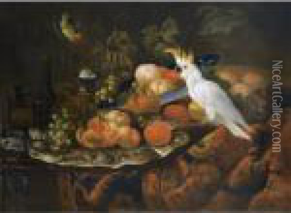A Still Life With Grapes 
Pommegranates, Peaches, Oranges And Other Fruit On Pewter Plates And A 
Porcelain Bowl On A Table Draped With A Carpet Together With A 
Sulphur-crested Cockatoo And A Finch Oil Painting - Tobias Stranover