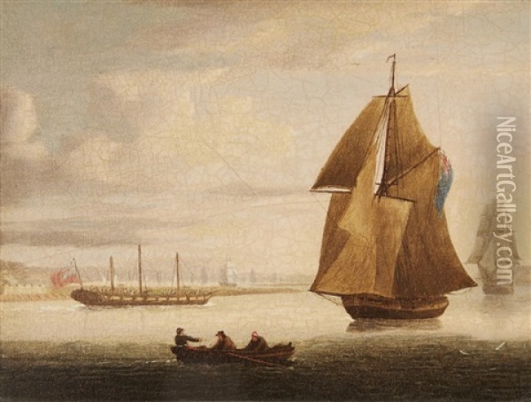 Shipping Off Gravesend And Naval Cutters Off Portsmouth, A Pair Oil Painting - Thomas Buttersworth