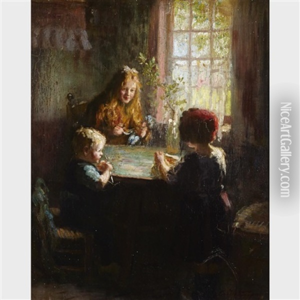 Children At Breakfast Oil Painting - Charles E. Waltensperger