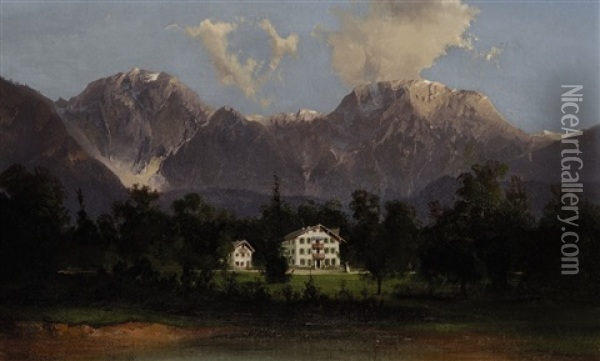 Gebirgslandschaft Mit Anwesen Am See Oil Painting - Friedrich Zahn