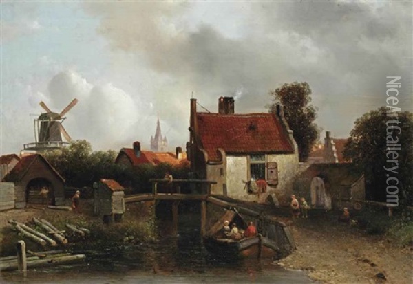 Townspeople On The Outskirts Of The City Of Delft Oil Painting - Adrianus Jacobus Vrolyk