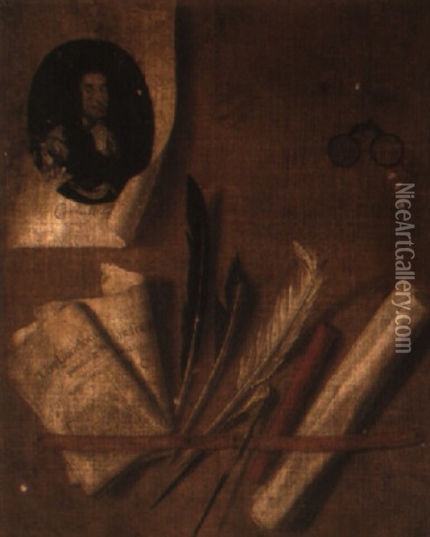 Trompe-l'oeil Still Life With Papers, Spectacles, Feathers And Print Of A King Oil Painting - Edward Collier