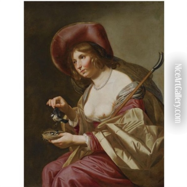A Young Shepherdess, Seated, Wearing A Red And Yellow Dress And A Wide-brimmed Hat, Holding A Staff And A Bird's Nest With Three Small Birds Oil Painting - Jan Van Bijlert