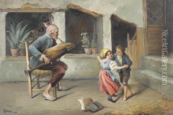 Bauer Mit Dudelsack Und Zwei Tanzenden Kindern. Oil Painting - Rudolph Jelinek