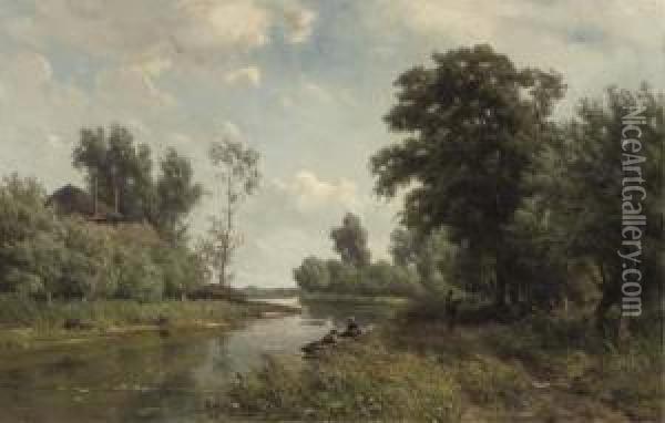 Along The River Vlist Oil Painting - Jan Willem Van Borselen