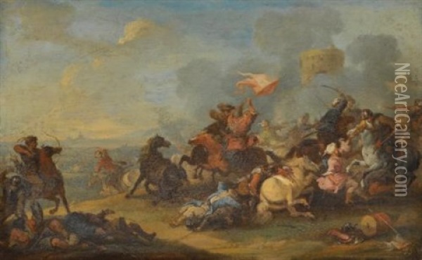 Two Battle Scenes Between Christians And Saracens (pair) Oil Painting - Francesco Giuseppe Casanova