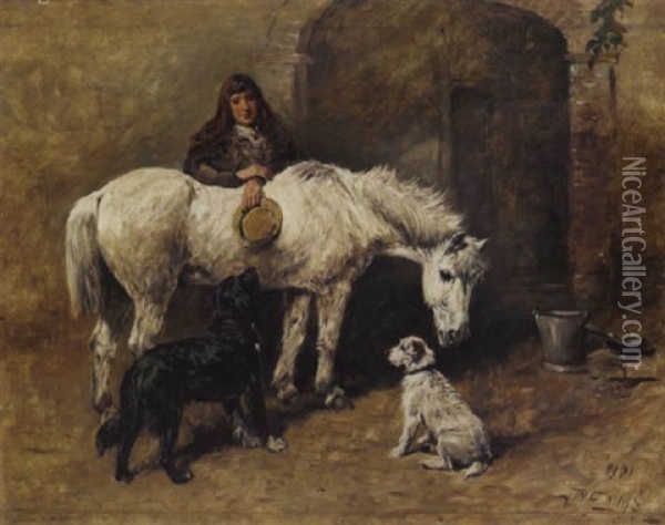 A Young Girl With A Pony And Dogs In A Courtyard Oil Painting - John Emms
