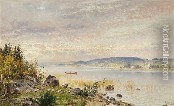 Lake View In Late Summer Oil Painting - Magnus Hjalmar Munsterhjelm