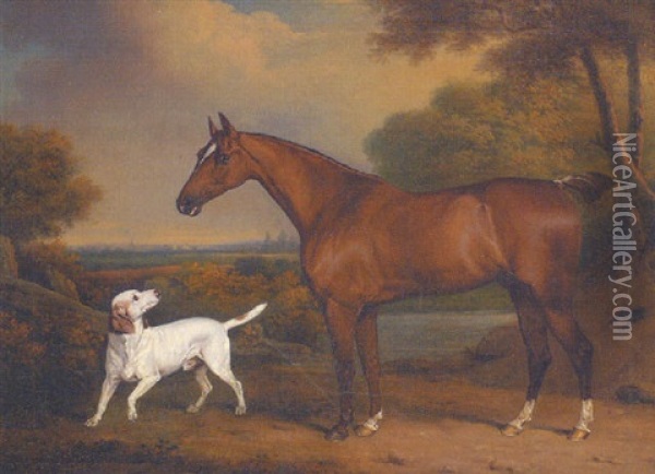 A Bay Hunter And A Pointer In A Landscape Oil Painting - Henry Bernard Chalon