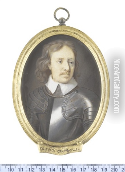 Oliver Cromwell (1599-1658), Lord Protector Of England (1653-1658), Wearing Suit Of Armour And White Collar, His Natural Hair Worn To His Shoulders Oil Painting - Christian Richter