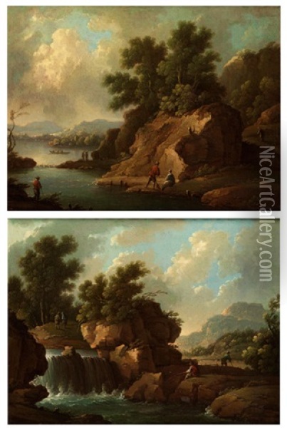 Sudliche Fantasielandschaft Mit Flusslauf Und Kaskade Zwischen Felsen (+ Von Baumen Bewachsene Felsengruppe Am Seeufer; Pair) Oil Painting - Antonio Diziani