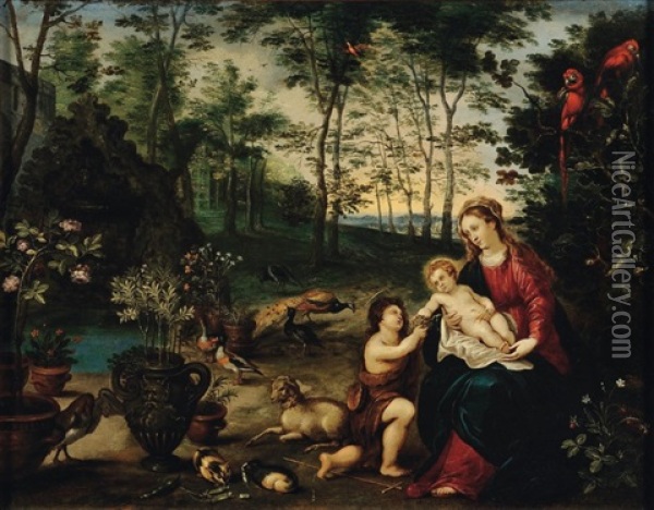 Vierge A L'enfant, Saint Jean A Leurs Cotes, Dans Un Paysage Oil Painting - Peeter Van Avont