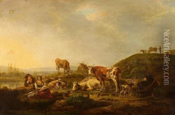 Le Repos Des Bergers Et De Leur Troupeau Dans Un Paysage De Riviere Oil Painting - Hendrick Van Anthonissen