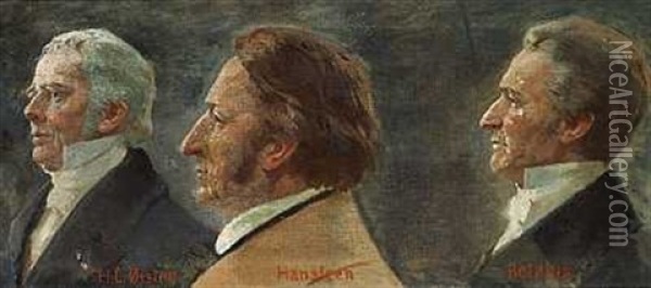 Profilportraetter Af H. C. Orsted, Niels Hansteen Og Anders Retzius Oil Painting - Erik Ludwig Henningsen