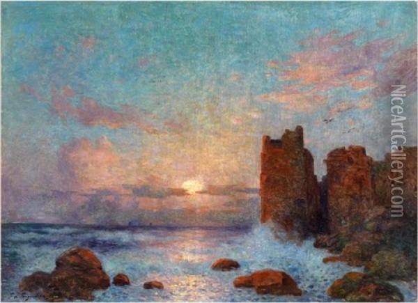 Coucher De Soleil Sur L'ocean Oil Painting - Ferdinand du Puigaudeau