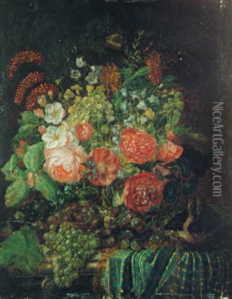 Nature Morte Au Bouquet De Fleurs, Raisins Et Nid D'oiseau Sur Un Entablement Oil Painting - Johannes Hendrik Fredriks