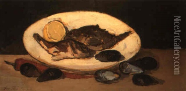 Natura Morta Con Cozze, Pesci E Limone Oil Painting - Giovanni Bartolena