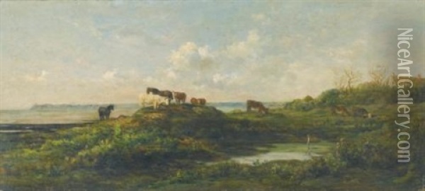 Vaches Au Bord De La Mare, Aux Hauteurs De Villerville Oil Painting - Charles Francois Daubigny