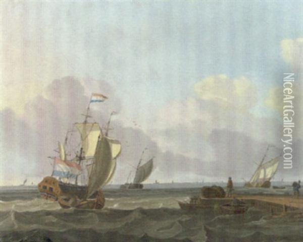 Dutch Shipping In A Choppy Sea Off A Jetty Oil Painting - Jan Claesz Rietschoof