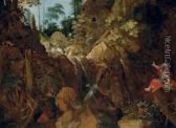 A Rocky Wooded River Landscape With Saint Onuphrius Oil Painting - Roelandt Jacobsz Savery