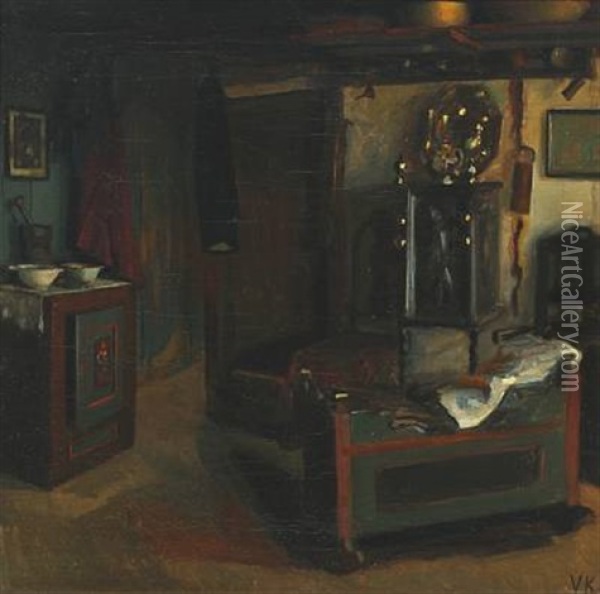 Rustic Style Interior With A Cradle And An Oven Oil Painting - Valdemar Kornerup