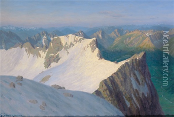 Blick Uber Die Verschneiten Rheintalspitzen Auf Prachtvolles Alpenpanorama Oil Painting - Georg Schwarzmaier