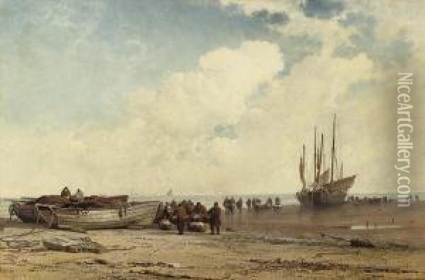 Fishing Vessels On The Beach Oil Painting - George Willem Opdenhoff