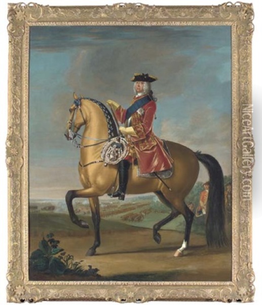 Equestrian Portrait Of King George Ii, In A Red Velvet Coat With Gold Embroidery, In A Landscape With A Military Camp And Infantry Beyond (collab. W/studio) Oil Painting - David Morier