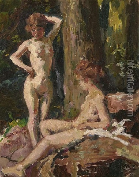 Two Female Nudes In The Forest Oil Painting - Paul Paede