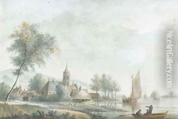 An extensive landscape with a church on the banks of a broad river Oil Painting - Nicolaes Wicart